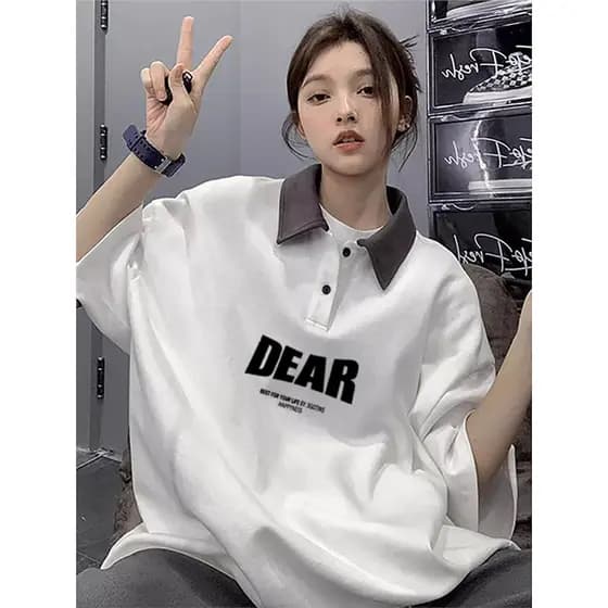 2025 primavera verão novo estilo camisa polo lapela manga curta camiseta feminina estudante solto mais magro olhar meado
