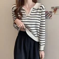 Camisa polo de lapela estilo fino malha de seda gelo manga longa preto branco listrado com decote em V camiseta feminina