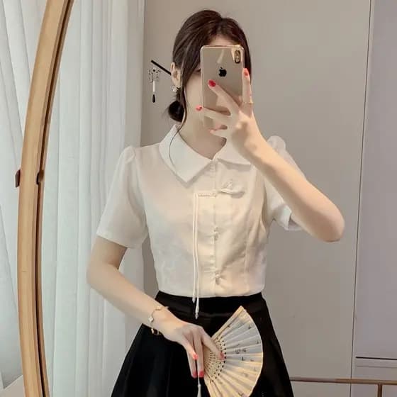 Novo estilo chinês camisa branca feminina verão estilo chinês gola Diagonal Jacquard manga curta topo Retro borla abotoa