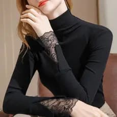 Meia gola alta camisa de fundo feminina 2024 outono inverno interior manga comprida camiseta costura renda estilo ociden