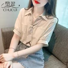 Camisa Polo de manga curta redutora de idade feminina verão high-end Chiffon pequena camisa feminina high-end moda bonit