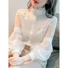 2024 primavera novo estilo palácio estilo camisa bordada manga lanterna camisa de renda pequena camisa elegante Design f