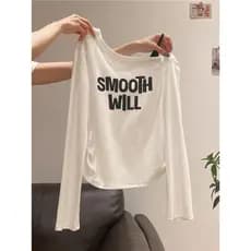 Ombro oblíquo carta impressão contraste cor costura manga comprida camiseta feminina 2025 início do outono novo estilo p