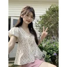 Verão francês novo estilo estilo coreano com decote em V Retro manga curta renda costura manga Puff camisa do bebê doce