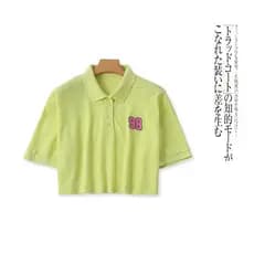 Camiseta curta de algodão Amoi comércio exterior feminino juventude moda gola polo cinco botões manga curta bordado núme