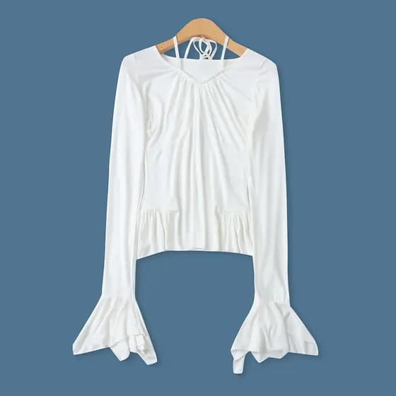 Camiseta plissada primavera outono novo estilo comércio exterior moda feminina magro-ajuste rendas Halterneck em torno d