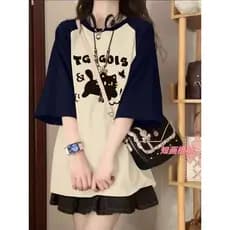Estilo americano costura manga Raglan camiseta solta impressão All-Match Design cor combinando nicho Casual topo ins ten