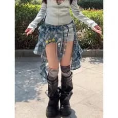 Nicho americano quente menina xadrez impresso estrela em camadas babador saia de renda Design Irregular atado peido cort