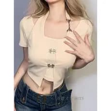 2026 nicho estilo coreano novo estilo cor sólida quente menina Design sentido único camiseta feminina falso nicho de dua