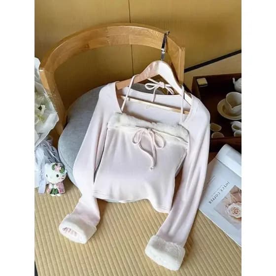 Nicho novo estilo versão coreana gola pele costura Halterneck manga comprida camiseta feminina primavera outono fino-aju