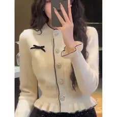 Estilo Hong Kong Design de moda sentido Xiaoxiang estilo camisola curta feminina primavera outono All-Match Retro malhas