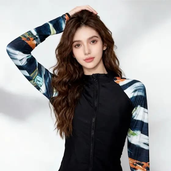 Doudouding feminino High-End impresso protetor solar estilo zíper surf Split maiô de manga comprida medusa terno Di