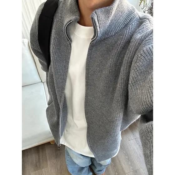 Cleanfit zíper Cardigan gola camisola masculina outono solto estilo preguiçoso malhas jaqueta Retro americana