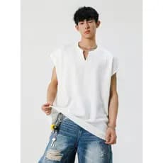 Colete americano colete meninos verão nova camiseta solta Casual textura Street Wear com decote em v sem mangas camiseta