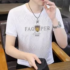 Moda masculina verão novo estilo Jacquard gelo seda legal manga curta camiseta estilo fino fino-ajuste em torno do pesco