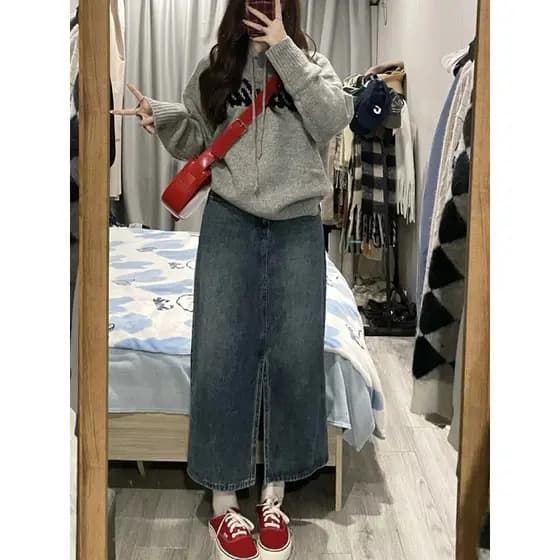 Retro Split Denim saia saia feminina a linha saia irmã gorda mm cintura alta mais magro olhar saia de comprimento médio