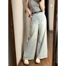 Calças de tamanho grande cor clara Jeans de perna larga feminino pequeno tornozelo comprimento forma pêra gordura mm mai
