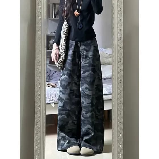 Camuflagem cintura alta macacão Jeans feminino outono forma pêra corpo pernas grossas calças de virilha larga tamanho gr