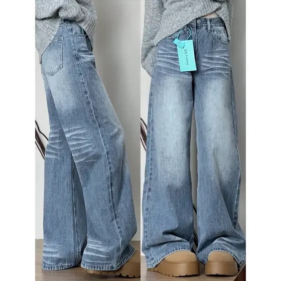 Calça Jeans feminina azul claro, perna larga, solta, formato de pêra, perna grossa, perna larga, perna reta, gordura mm,