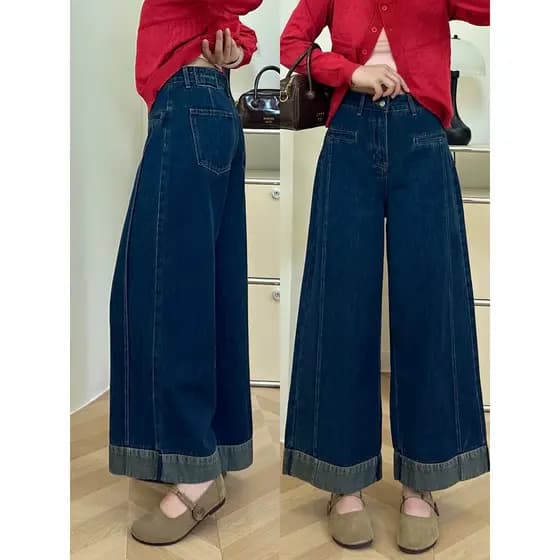 Jeans azul escuro feminino 2026 verão novo estilo perna larga solta pequena gordura mm tamanho grande tornozelo-perna ca