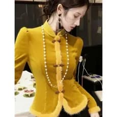 Novo estilo chinês gengibre veludo jaqueta 2025 inverno único bonito luz maduro High-End cintura estreita desgastado cur
