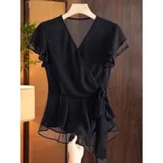 Francês com decote em V babados alça fina camisa de cintura estreita feminina verão novo estilo Design sentir pequena ma