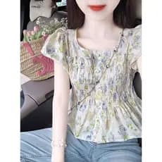 Francês Floral Chiffon camisa de manga curta feminina verão pequena camisa High-End sentir manga Puff curto cintura estr