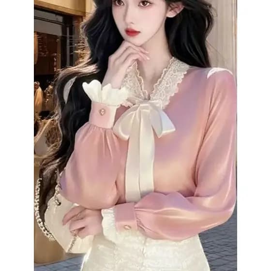 Rosa cetim High-End senhoras arco camisa de manga comprida feminino novo estilo Design exclusivo Super bonito topo na mo