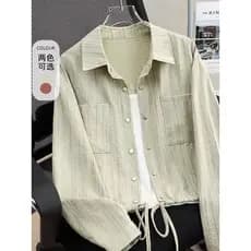 Jaqueta de peito único 2025 primavera novo estilo camisa Casual feminina lapela fresca cordão caído manga de ombro curto