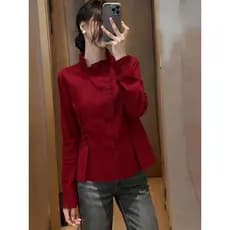Benming ano gola alta camisa vermelha feminina 2025 inverno fungo borda mais magro olhar estilo preguiçoso elegante All-