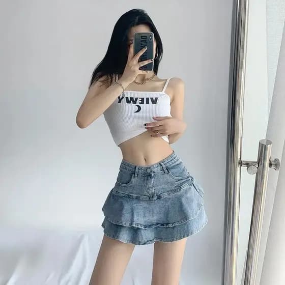 Versão coreana quente menina Denim saia feminina verão Fishtail bolo saia de cintura alta a linha saia babados Hip saia