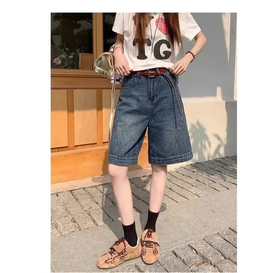Americano Retro calças cortadas Denim Shorts feminino verão estudante cintura alta solta em linha reta perna larga calça