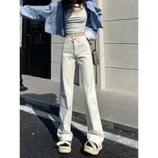 Branco em linha reta All-Match Jeans de perna larga feminino 2026 primavera novo estilo versão coreana cintura alta mais