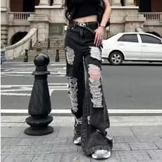 Preto rasgado Jeans verão fino americano hiphop High street Wear solto em linha reta calças de perna larga calças compri