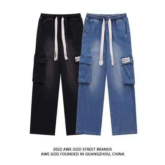 Americano Retro macacão Jeans feminino adequado para forma de pêra solto Multi-bolso em linha reta calças de perna larga