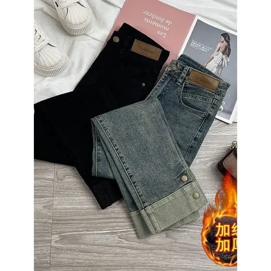 Retro forro de lã reto engrossado Jeans feminino outono inverno novo estilo cintura alta mais magro olhar pequeno tornoz