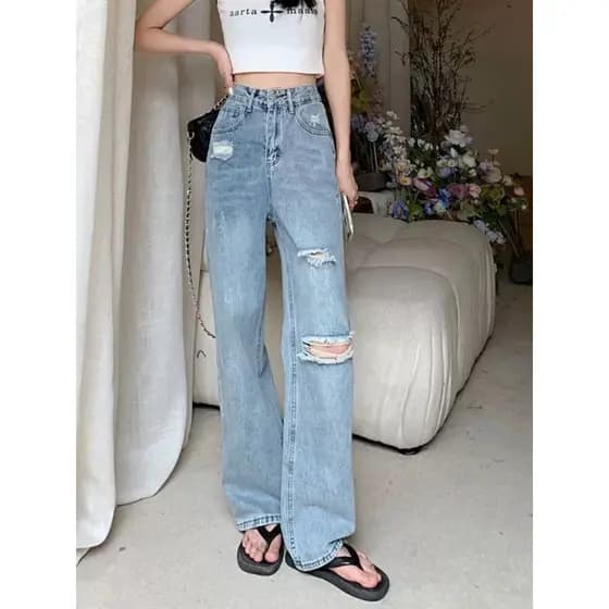 2026 primavera verão novo estilo mais magro olhar cintura alta reta rasgado Jeans feminino solto Retro calças de perna l
