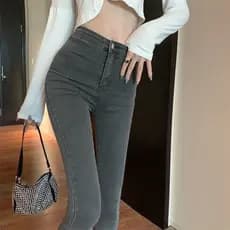 Jeans feminino Hip-Lifting cinza cintura alta elástico fino ajuste mais magro olhar magro