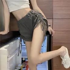 Cordão plissado ligeiramente perna larga Shorts verão feminino cintura alta estudante mais magro olhar Bottoming All-Ma