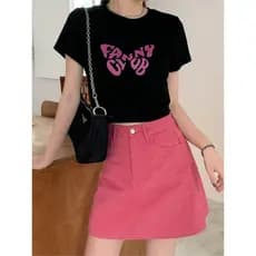 Rosa vermelho pequena saia jeans feminina verão fino a linha saia cintura alta mais magro olhar Hip forro saia curta