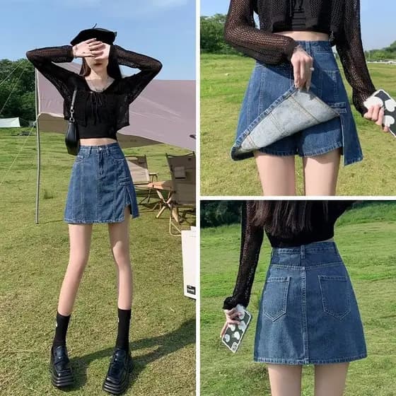 Cintura alta fenda Denim saia curta feminina 2025 verão novo estilo versão coreana Anti-reflexo a linha Hakama Hip-embal