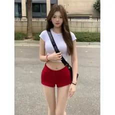 Americano pequeno vermelho Denim Shorts feminino verão cintura alta elástico magro a linha calças Hip-embalado quente me