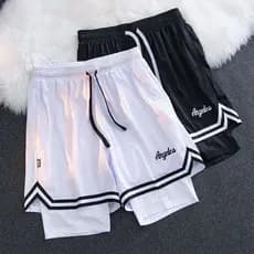 Shorts americanos Los Angeles Falso Shorts de duas peças de 4 pontos Shorts de basquete masculino tamanho grande Shorts