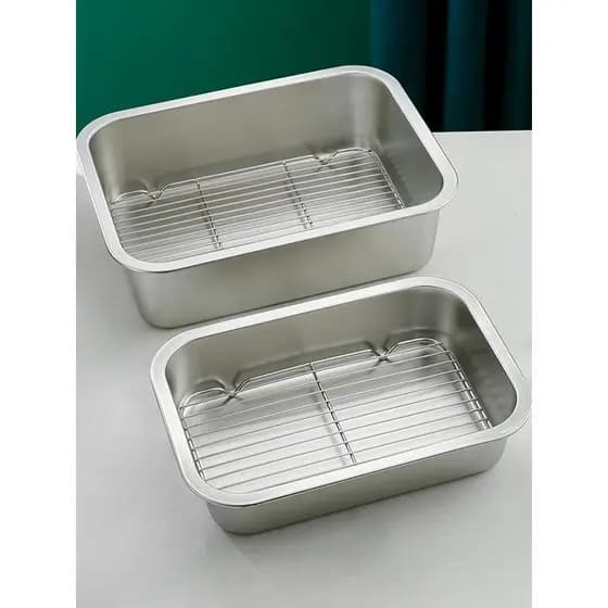 Prato quadrado de fundo plano de aço inoxidável com drenagem servindo bacia prato de arroz cozido no vapor bacia de vege