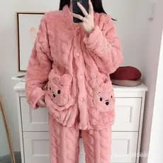 Pijama Feminino de 2 peças de Pijama de Outono Inverno Pijama Feminino de Lã de Coral Pensando Roupa de Estudante Cartoo
