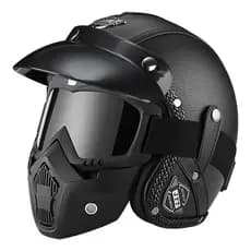 Capacete Retrô Couro Preto Aberto Com Óculos Vintage Moto