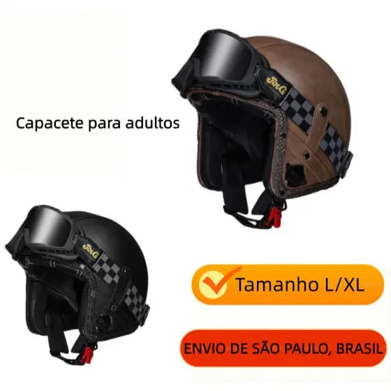 Capacete Retrô De Motocicleta Em Couro, Capacete 3/4 Aberto Preto 57/58