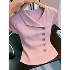Rosa estilo suave redução de idade camisa de manga curta feminina 2026 verão novo estilo elegante cintura estreita único