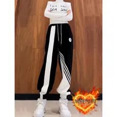 Listrado contraste cor mais veludo engrossado Sweatpants feminino Tie-up 2026 outono inverno novo estilo solto estilo pr
