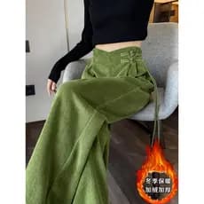 Novo estilo chinês estilo chinês verde oliva veludo borla fivela calças de perna larga inverno solto estilo preguiçoso c